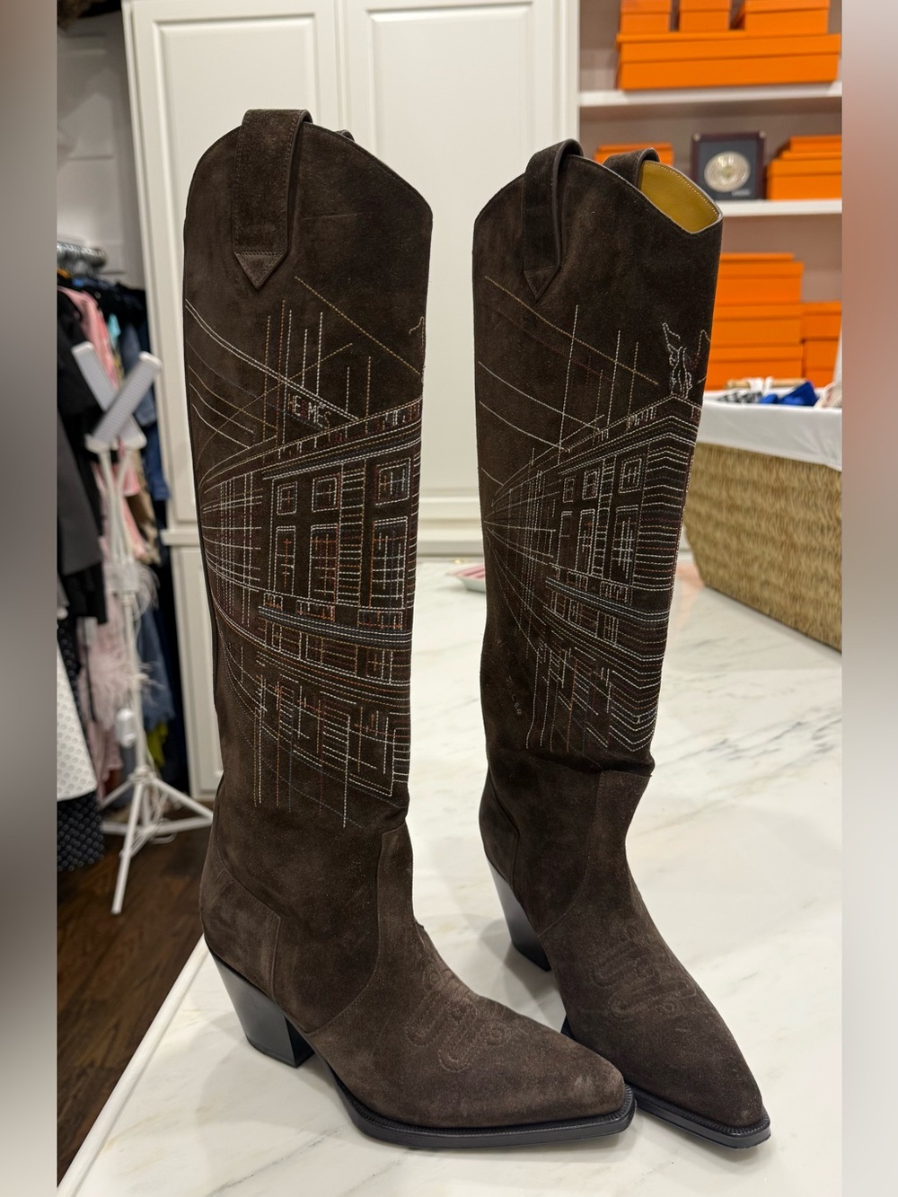 Hermes Brown Suede Cowboy Boots with Architectural Stitching - Picture 4 of 8